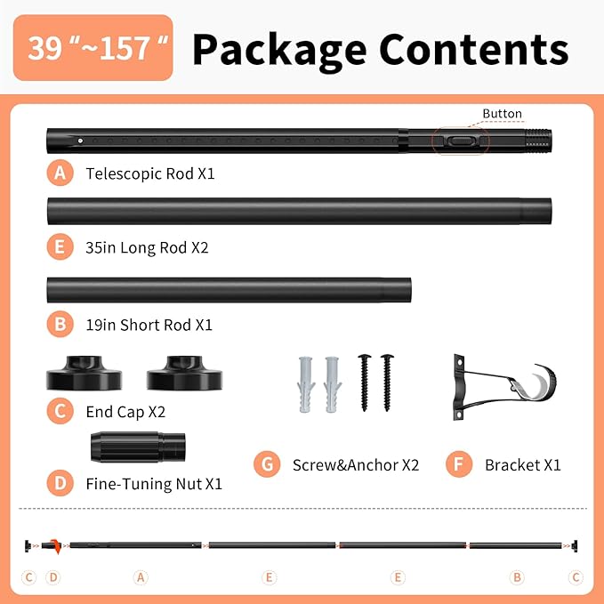 Tension Curtain Rod 39-157In-55Lb, Outdoor Extra Long Curtain Rod No Drilling for Window or Bathroom Patio, Adjustable Heavy Duty Shower Curtain Rod, Easy to Install, Never Rust, Non-Slip-Black