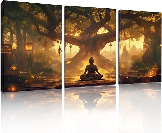 WithHope 3 Piece Buddha Canvas Wall Art, Buddha Home Decor, Buddhist Decorations, Zen Canvas Wall Art, Tree of Life Artwork, Zen Decorations, Modern Painting, Living Room Decor (12" x 18" x 3 pcs)