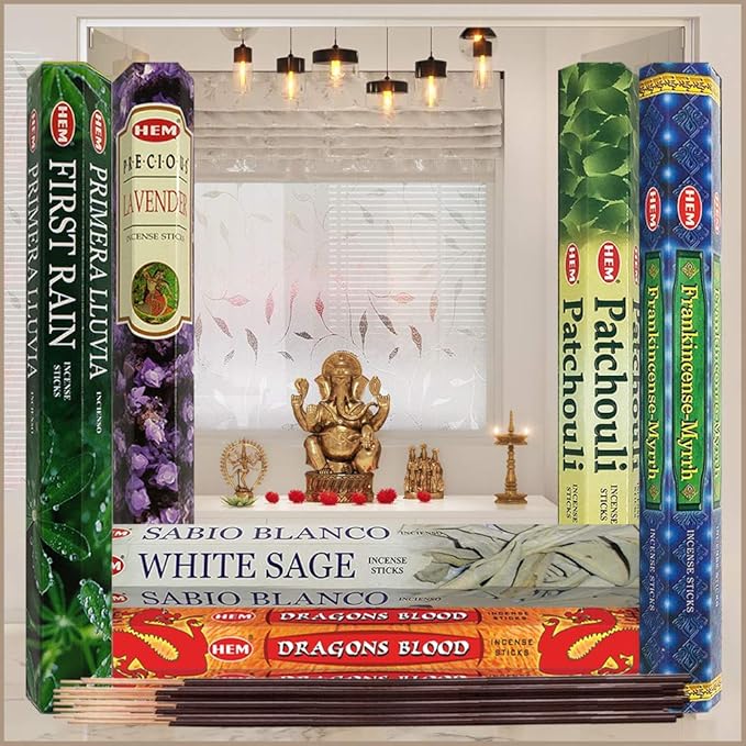 Hem Incense Sticks Variety Pack #23-120 Insence-Sticks (6 Incents x 20 Insense) + Incense Stick Holder with 6 Most Liked Scents Including Patchouli Dragons Blood White Sage Frankincense-Myrrh