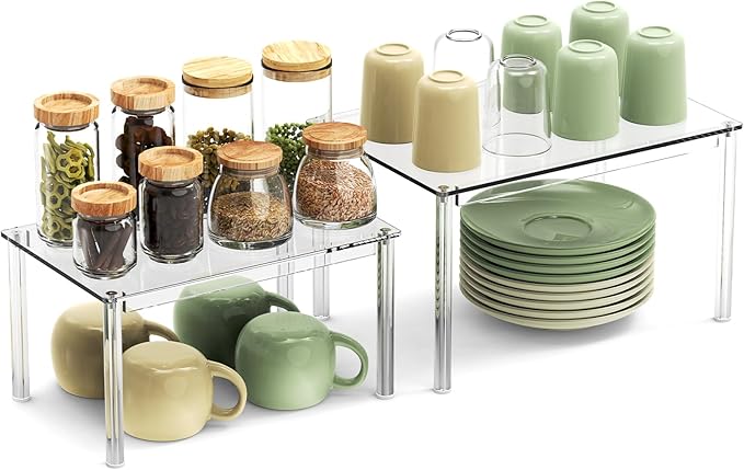 NESTRAXO 2Pack Acrylic Cabinet Organizer, Clear Cabinet Organizer Shelf, Spice Rack Organizer for Cabinet for Dishes, Spices, Soda Cans and Bottles, Stackable Shelves House Essentials for Gift