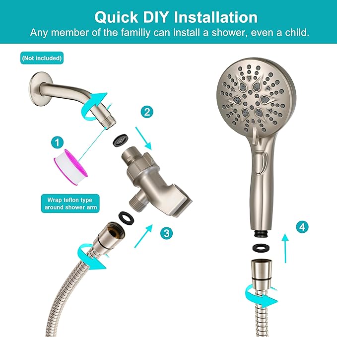 GwernKB Handheld Shower Head with on off Switch&Built-in Power Spray,7-Setting High Pressure Shower Wand with 79in Long Hose&Bracket and Extra Adhesive Shower Holder for Lower Mount,Brushed Nickel