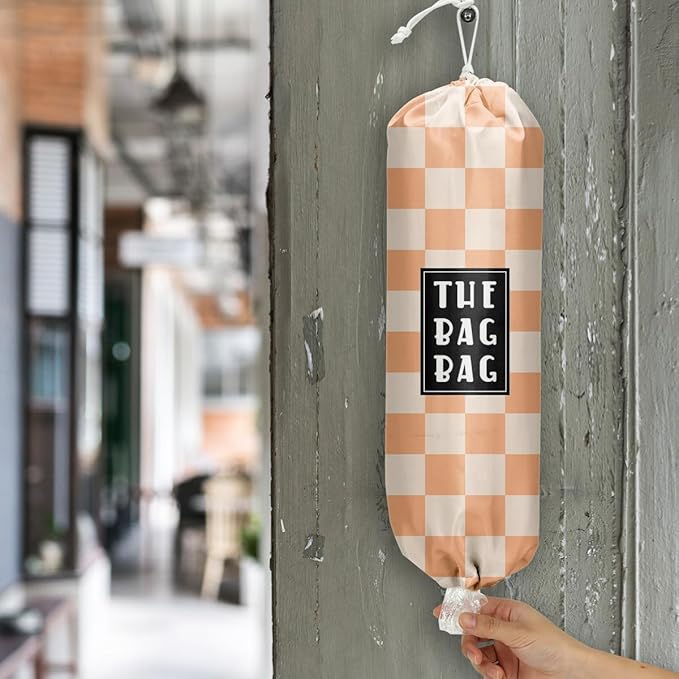 IHopes+ Plastic Bag Holder, Reusable and Washable Grocery Bag Organizer, for Home Kitchen Travelling Camping Decor, 1 Pack, Orange and White Checkerboard Pattern