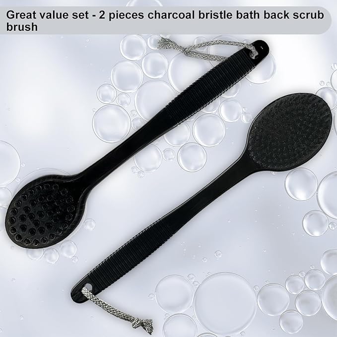 SUPERWASH PLUS Back Bath Brush - Curved Long Handle Shower Brush with Medium Stiff Charcoal Bristles for Cleaning and Exfoliating Body, Back Scrubber for Men & Women (Black 2 Pack)