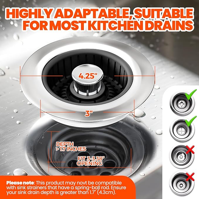 Sink Drain Strainer - Sink Stopper, 3-in-1 Kitchen Stainless Steel Drain Plug with Anti-Clog Basket, Pop-Up Cover Fits Standard 3-1/2” Openings for Double Bowl Kitchen Sinks,Black