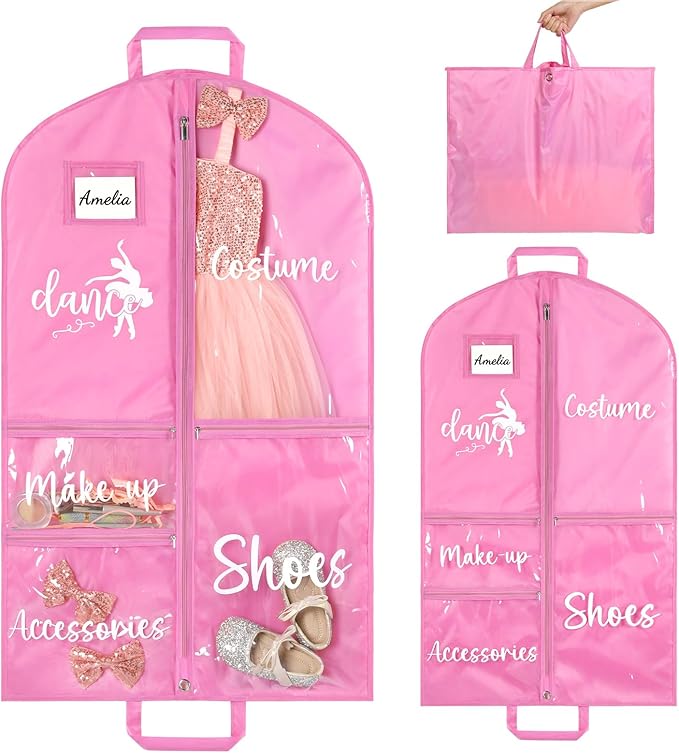 DEEKA Dance Garment Bag for Hanging Clothes with Zipper Pockets Dance Accessories Essentials Uniform Costume 40 Inch Dress Bags for Dance Competition Girls (Pink,White-Dance)