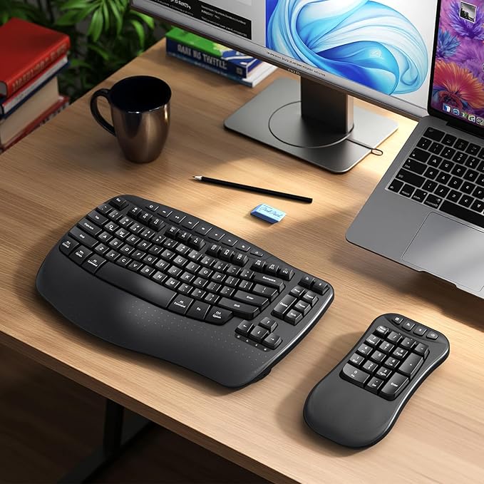 MEETION Wave Ergonomic Keyboard, 2.4GHz Wireless/Bluetooth Split Keyboard with Wrist Rest, Separate Mini Numeric Keypad, Flexible 2-in-1 Setup for Left-Handed/Accountants/Data Entry