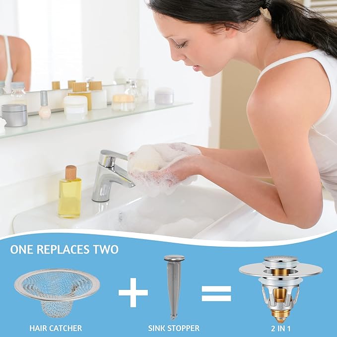 2Pcs Bathroom Sink Stoppers ,Pop Up Drain Stopper for Bathroom Sink,2-in-1 Sink Stopper & Strainer,Universal Wash Basin Sink Stopper,for 1.1"~1.5" Bathroom Sink Drain(Silver)