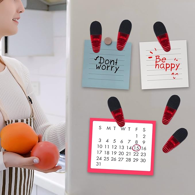 3-1/4" Length Plastic Refrigerator Magnet Clips Sets,Magnet Paper Clips, Snacks Bag Clips,Multipurpose Clips - Set of 6 (Red)