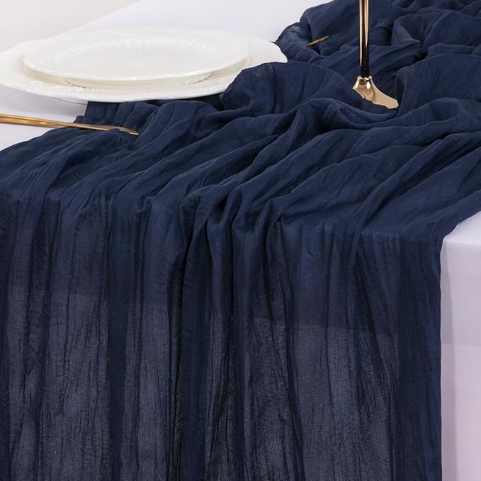 Socomi 10pcs Navy Blue Summer Cheesecloth Table Runner Boho Rustic Gauze 120 inch 10FT Cheese Cloth Sheer Runner for Wedding Party Baby Shower Birthday Home Decor Holiday Decorations