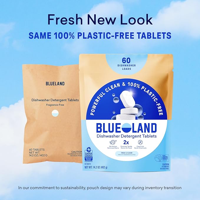 BLUELAND 100% Plastic-Free Dishwasher Detergent Tablets, Starter Set, 60 Count with tin, Free & Clear, Eco-Friendly Dishwashing Pods, Natural, USDA Certified biobased