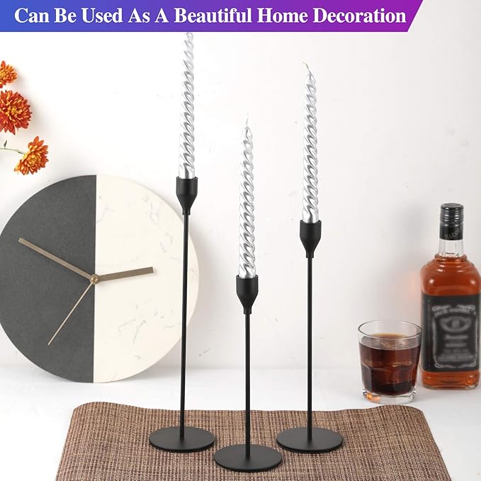 Set of 3 Black Candlestick Holders - Decorative Taper Candle Holders for Home Decor, Wedding, Dining, Party, Anniversary