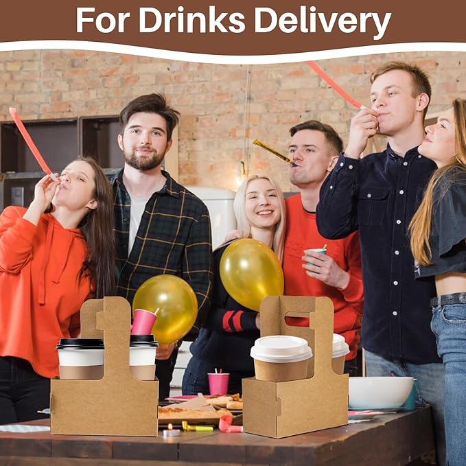MAQIHAN 2-Cup Drink Carrier with Handle - 12Pcs Disposable Paper Cardboard Coffee Cup Holder Portable Drink Caddy Cup Carriers to Go Cup Holder Food Delivery Accessories for Hot/Cold Drinks (Brown)