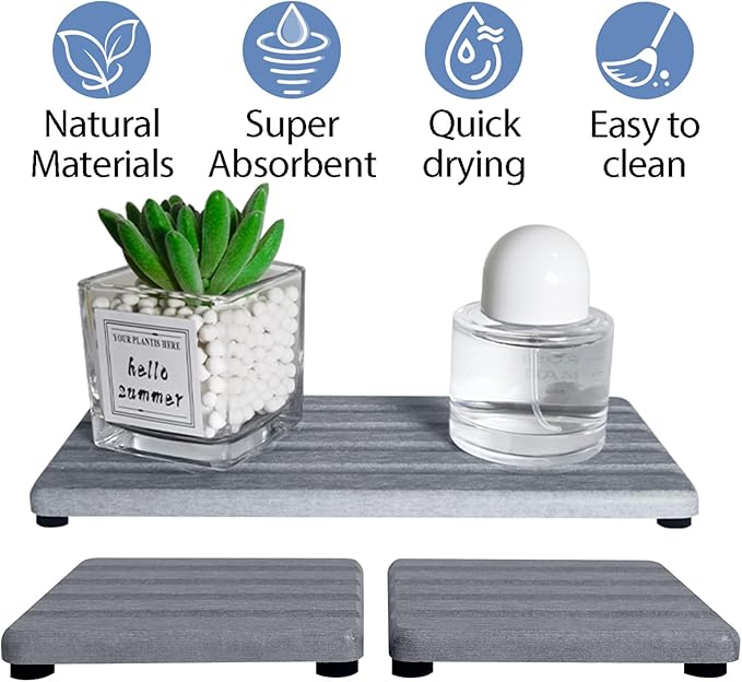 ZumenDa Set of 3 Diatomite Hand Soap Holder, Water Absorbing Stone Tray for Kitchen Countertop, Fast-Drying Bathroom Trays(1pcs 22 x 10cm + 2pcs 10 x 10cm Grey)