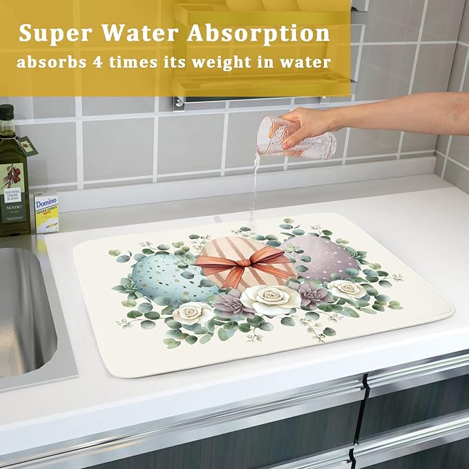 Happy Easter Eggs Dish Drying Mat 18x24 Inch Easter Day Floral Dishes Pad Dish Drainer Rack Mats Spring Easter Drying Mat Absorbent Fast Dry Kitchen Accessories for Countertop Tableware Protector