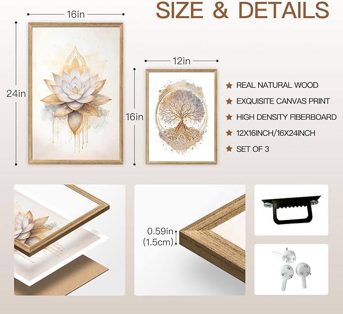 GELDSTEI Tree of Life Wall Art, Calming Zen Wall Decor, Abstract Yin Yang Tree Canvas Painting, Modern Gold Lotus Flower Meditation Poster Print for Living Room Yoga Room Bedroom Wood Framed 16"x24"x3