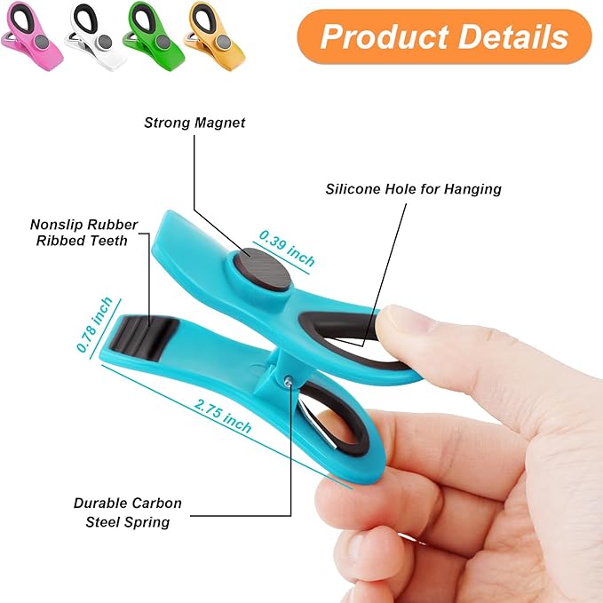12 Pack Chip Clips Bag Clips, Binder Clips, Office Paper Clamps, Magnetic Food Clip for Bread Bag, Refrigerator, Snack, Kitchen, Office, Packages, Colorful Plastic Clip Heavy Duty