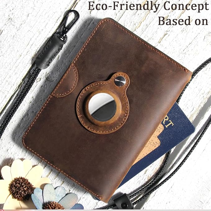 Rfid Blocking Leather Passport Holder for Travel with AirTag Slot, Slim Passport Cover Travel Wallet for Women Men, Travel Must Haves Gifts (Dark Brown)