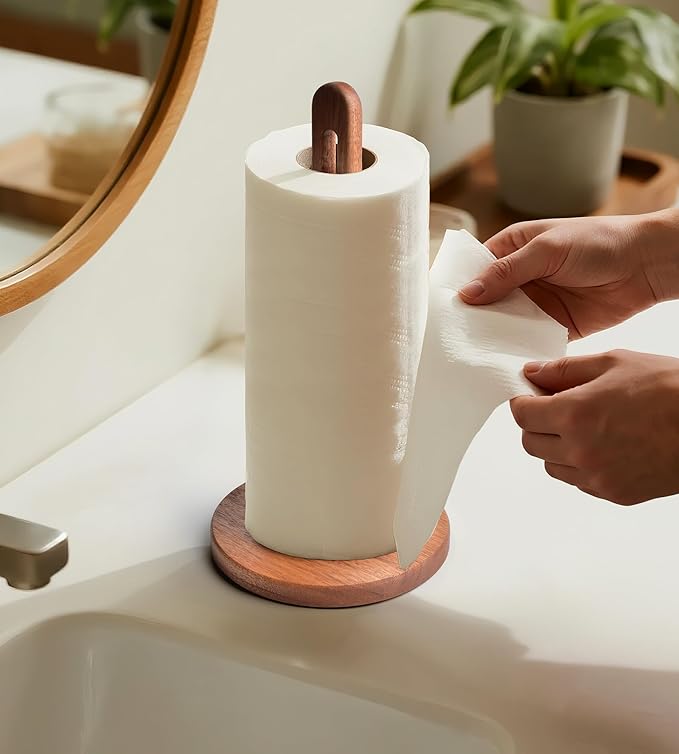 KitchLife Acacia Wooden Paper Towel Holder Countertop, 6.5" Wide Base (Large Size) with Non-Slip Pads, Fits Jumbo Rolls, Freestanding Paper Towel Stand Upgraded Dispenser Organizer