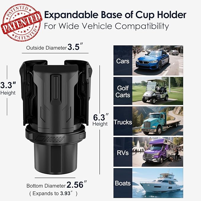 Cup Holder Expander, Car Cup Holder Expander, Adjustable Cupholder for 2.6"- 4.8" Yeti, Hydro Flask, Nalgene, Takeya, Camelbak, Ramblers, Owala, Tumblers, Mugs, Bottles, with Sunglass Holder