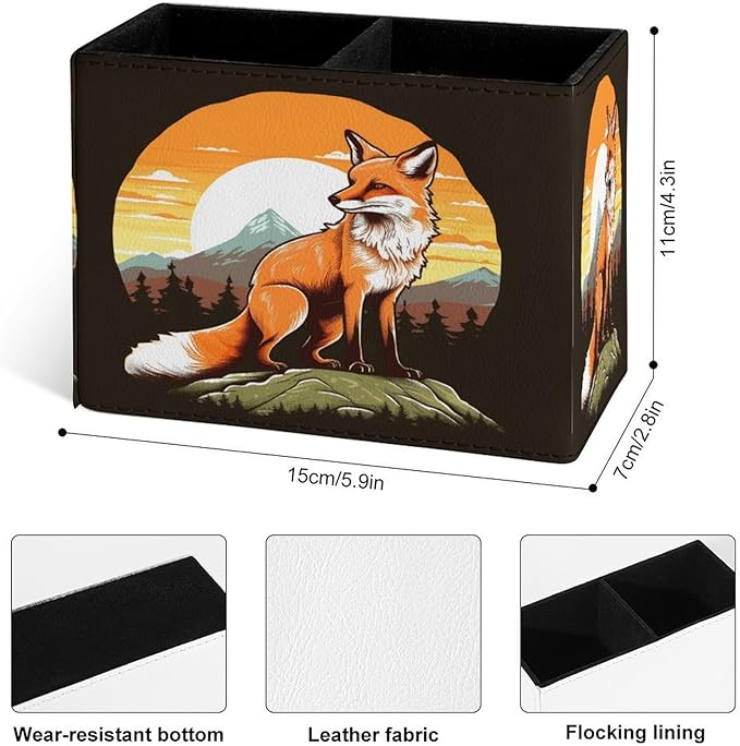 Famame Fox Animal Sunrise Pencil Holder for Desk, Leather Desktop Container Pen Cup Storage Study Table Pen Organizer Makeup Brush Holder for Classroom Office Home