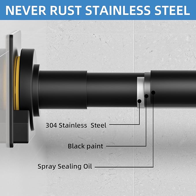 CorkLatta Matte Black Shower Curtain Rod,1 Inch Diameter Stainless Steel Adjustable Spring Tension Rods 32 to 68",with Holders,Anti-Slip,Curtain Rods No Drilling(1 Pack)