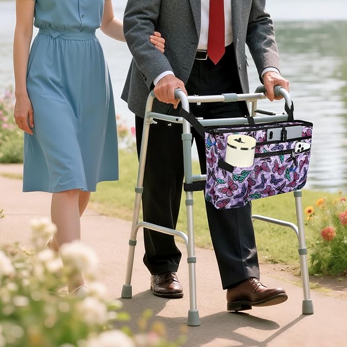 Walker Bag with Cup Holder, Walker Accessories for Seniors Detachable, Foldable Walker Basket with Big Capacity, Best Gift- Purple (Not Fit Rollator Walkers)