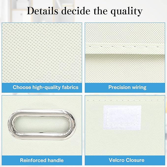 STOREONE Fabric Storage Cube Bins Foldable Organizer Container Collapsible Basket with Lids and Metal Handles, for Home, Bedroom, Closet 8 Pcs (Creamy-White)