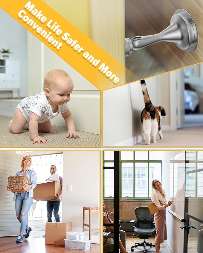 Door Stoppers Magnetic Door Catch - 6 Pack Stainless Steel Heavy Duty Door Holder Stops for Bottom of Door - Wall Floor Mounting No Drill Strong Adhesive & Screws Strong Magnet Keep Door Open(Silver)
