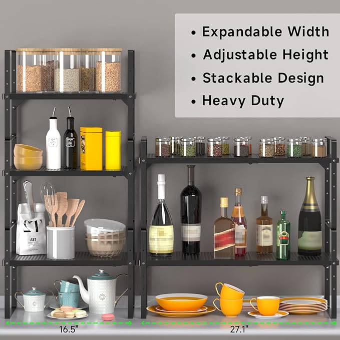 SOFRON Expandable Cabinet Organizer Shelf, Stackable Shelf Riser for Small Kitchen Pantry Desk Cupboard Tabletop Countertop Home Office, Heavy Duty, Black Small 1 Pack