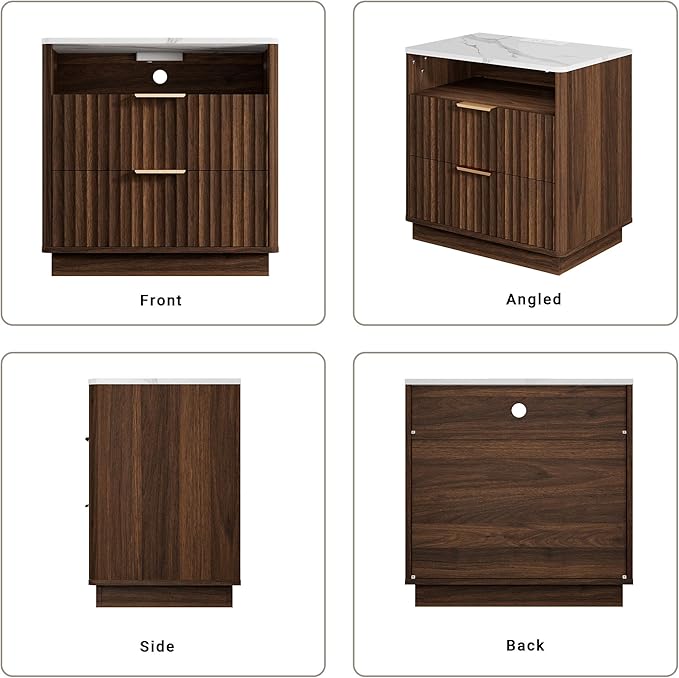 Large Fluted Nightstand with Charging Station, 23" Modern End Table with Faux Marble Top, 2 Drawers Night Stand with Storage, Side Table for Bedroom Living Room, Curved Profile (Walnut)