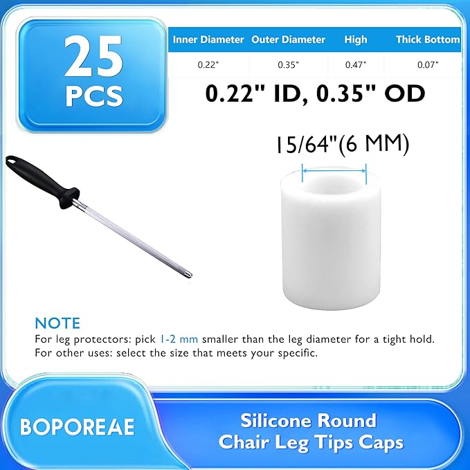 BOPOREAE 25 Pcs 15/64"(6 mm) Round Chair Leg Tips Caps, Silicone Rubber Furniture Leg Floor Protectors, Reduce Noise Folding Metal Chair Leg Cap Replacement for Bar Stool Leg Patio Indoor, White