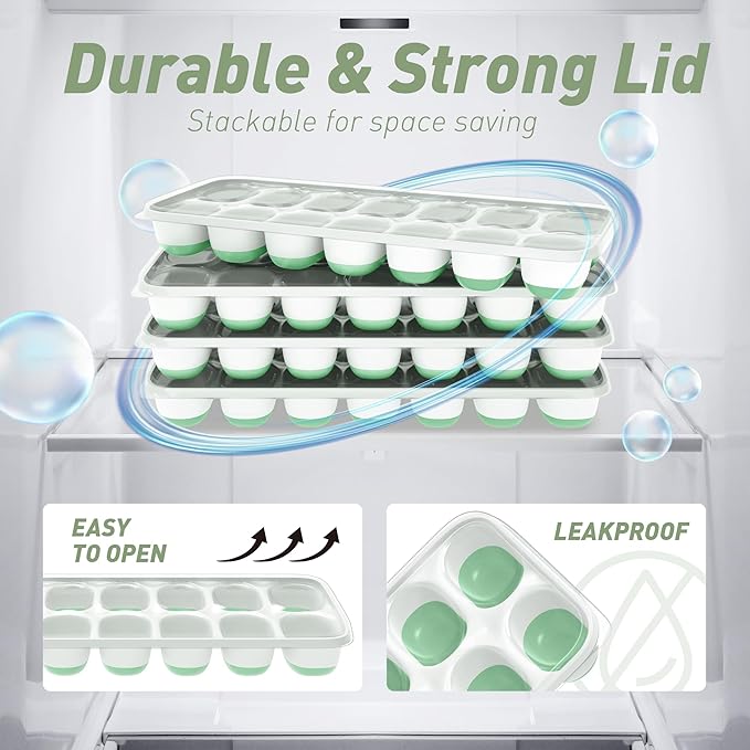 Ice Cube Tray with Lid, 4 Packs 56 Cubes Durable Stackable Ice Cube Trays for Freezer with Removable Lids, Easy-Release Plastic & Silicone Ice Tray for Cocktail, Coffee