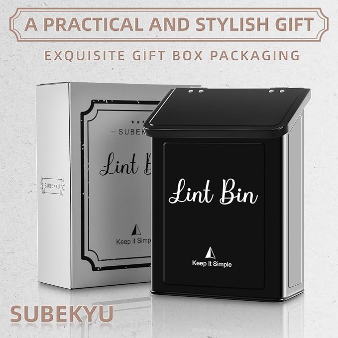 SUBEKYU Metal Magnetic Lint Bin for Laundry Room, Wall Mounted Lint Box Holder Trash Can with Lid for Dryer, Black