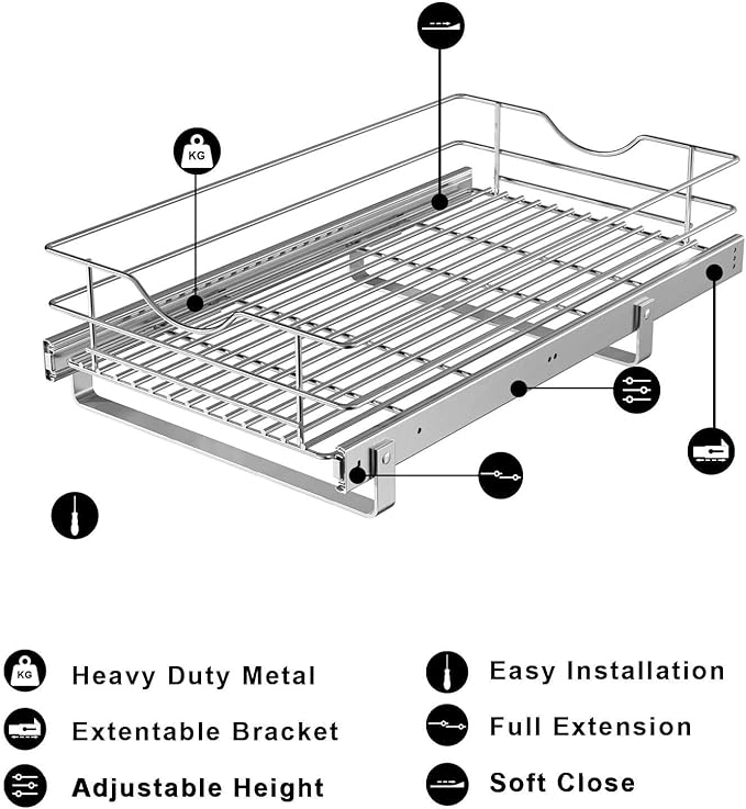 Pull Out Cabinet Organizer, (20½"W x 20" D), Soft Close Pull Out Cabient Drawer, Slide Out Cabient Organizer for pot and pan Kitchen Base Cabinet, Pantry Organization, Bathroom, Wire Basket