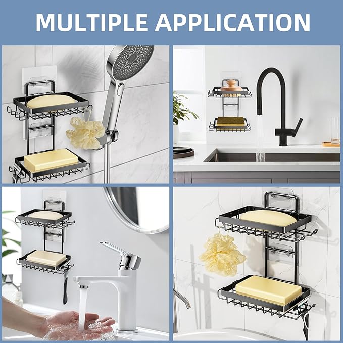 Soap Holder, Double Bar Soap Holder Shower Stainless Steel, Soap Dish for Shower Wall with Hooks and Razor Holders, Soap Tray Self Adhesive for Bathroom Bathtub Accessories Organizer