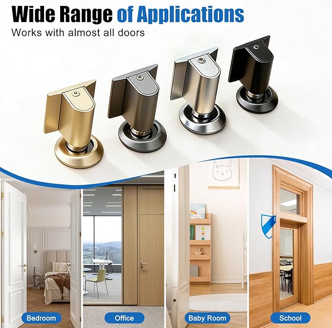 Upgraded Magnetic Door Stoppers, Retractable Bottom Door Holder, No-Drill Invisible Doorstops, Heavy-Duty Windproof Doors Wedge Stopper with Screws and Adhesive Pads (Brushed Gold)