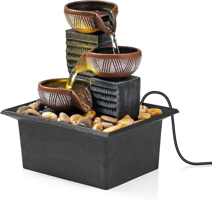 Tabletop Fountain, 3-Tier Desktop Waterfall with LED Lights, Small Indoor Water Feature with Natural River Stones, Suitable as Zen Decor for Home/Office