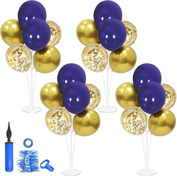 4 Set Blue Gold Balloon Stand Balloon Centerpieces Table Decorations for Birthday Wedding Anniversary Retirement Graduation Decorations Class of 2026 New Years Eve Party Supplies