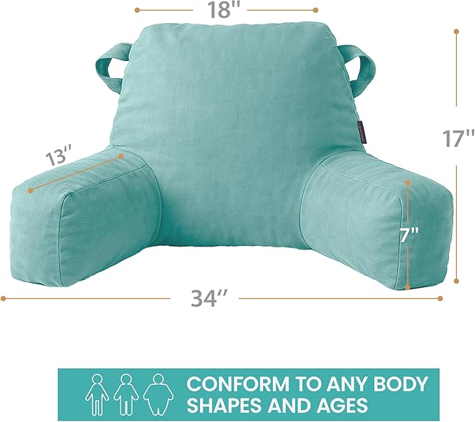 Portable Comfy Reading Pillows for Bed Sitting Up(Lake Blue Oeko-Tex), Velvet Back Pillow with Arms & Pockets for Adults, Support Memory Foam Bed Pillow for Dorm/Reading/Watching/Gaming