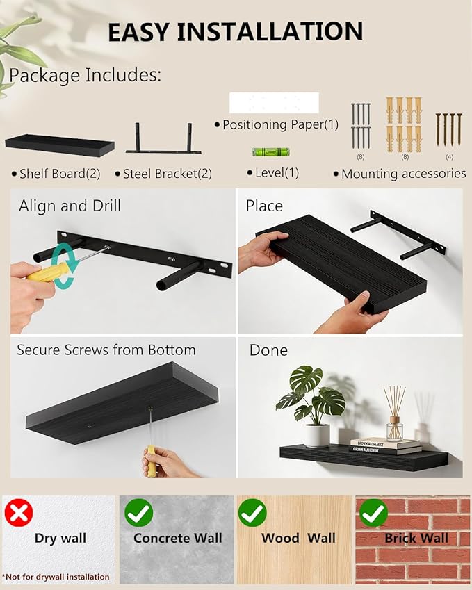 WALI Floating Shelves for Wall, 2 Tier Bathroom Storage Shelf Over Toilet, for Bedroom Bookshelf, Living Room Decor, Kitchen, Nursery, Laundry, Soundbar Floating Shelf Mount Under TV (CS102L), Black