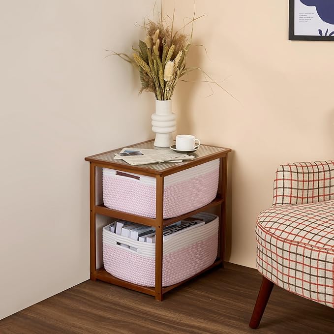 MiniArk Large Storage Baskets for Shelves, Closet Organizers Bins for Clothes Blanket Towels, Baby Nursery, Toy Baskets Box, Woven Rope Baskets, 17 x 13 x 7.5”, 2 Packs Woven Pink