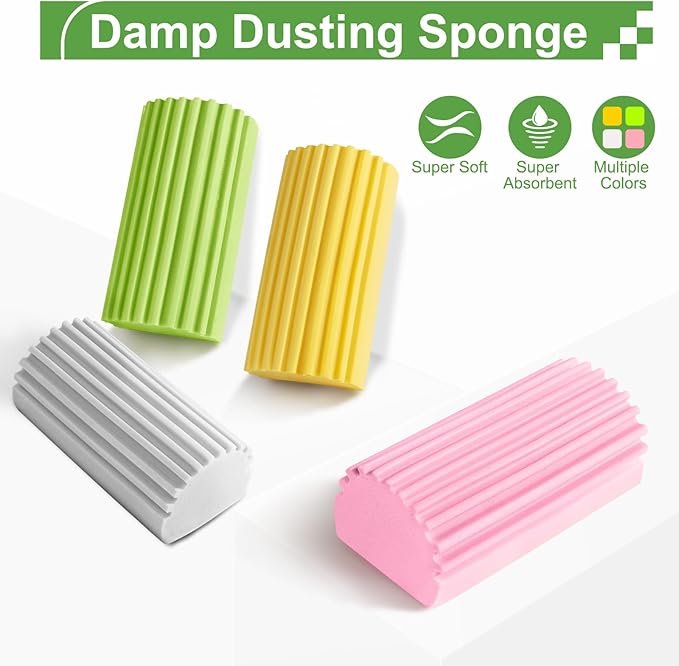Jeymei 4-Pack Damp Clean Duster Sponge, Sponge Cleaning Brush, Duster for Cleaning Blinds, Glass, Baseboards, Vents, Railings, Mirrors, Window Track Grooves and Faucets, Gray and Yellow