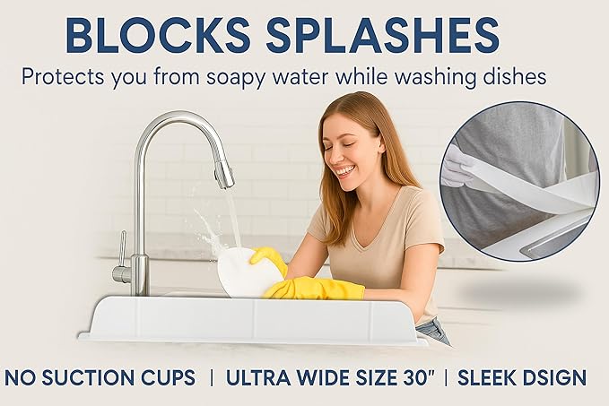 30 inch (75cm) Premium Kitchen Sink Silicone Water Splash Guard SIZE UPGRADE 30" and new package - NO Suction Cups, Ultra Wide 30" - Made in Korea (Ultra Wide Eco White)