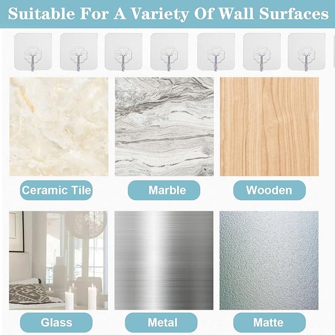 WOVU Wall Hooks - 33 lbs Max, Transparent, Seamless, Waterproof & Oilproof - Heavy Duty Adhesive Coat & Towel Hooks (20 Pack)