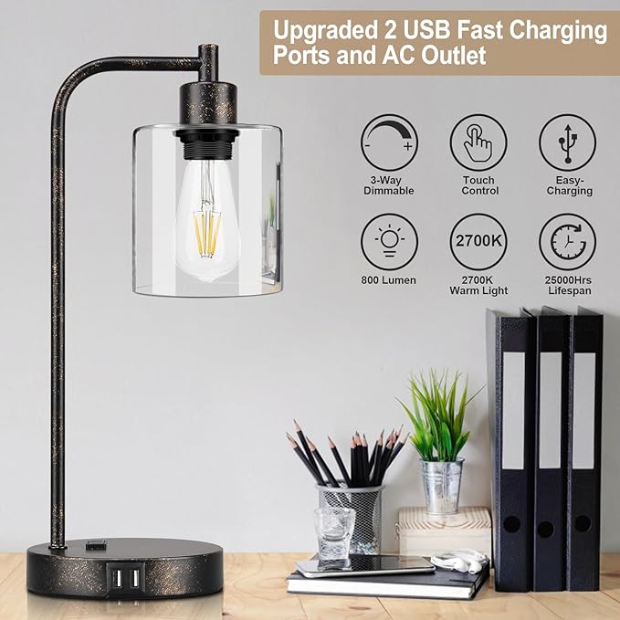 Industrial Touch Table Lamps Set of 2 - Rustic Black Bedside Lamps with 2 USB Ports & AC Outlet, 3-Way Dimmable Nightstand Desk Lamp for Bedroom Living Room Farmhouse, Glass Shade & LED Bulbs Included