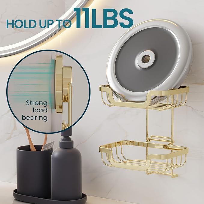TAILI Double Layer Soap Holder, Bar Soap Dish Suction Cup for Shower Wall, Draining Saver Tray for Bathroom, Rustproof Stainless Steel Sponge Holder for Tub, Kitchen, Drill-Free, Gold