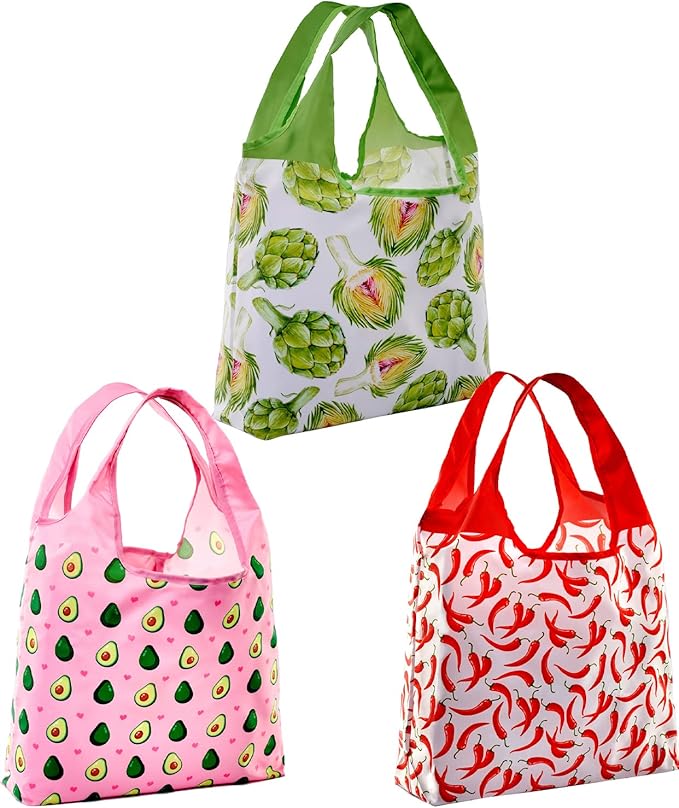 O-WITZ Reusable Grocery Bags | Vibrant Tote Bag For Groceries, Beach Gear, Toys & More | Washable Design With Large Handles For Maximum Convenience | Folds Into A Small Pouch, 3-pack, Veggies