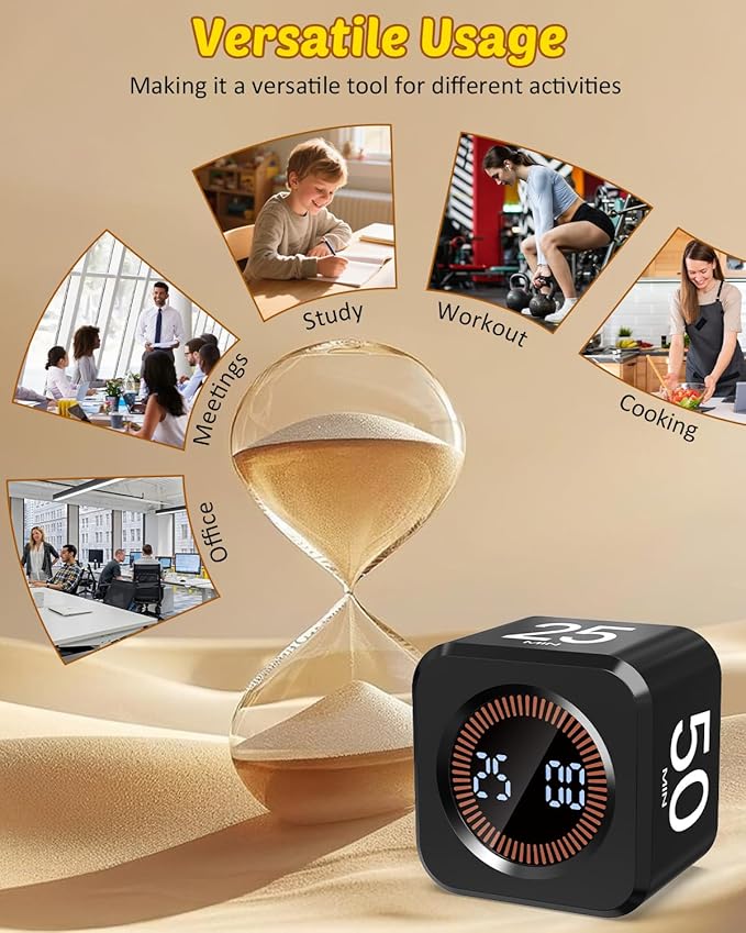 Pomodoro Timer Cube Visual Productivity Flip Timer for Kids Classroom Desk, 5/10/25/50min& Custom Countdown, Silent&Sound Mode Digital Cube for ADHD Study Work School Game Kitchen (Black)