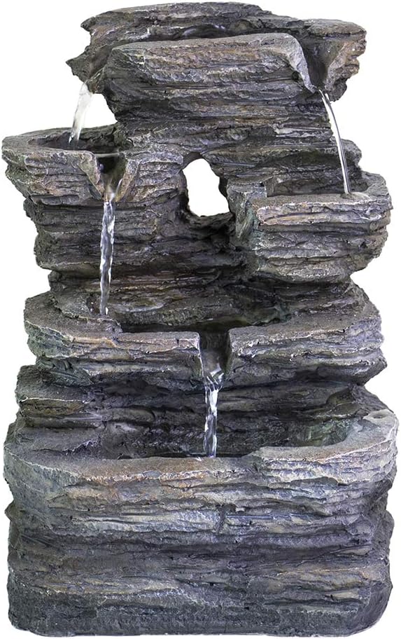Ferrisland 5-Tier Cascading Tabletop Fountain with LED Lights - Indoor Water Fountain Decor Tabletop Small Relaxation Waterfall Feature Dark Gray