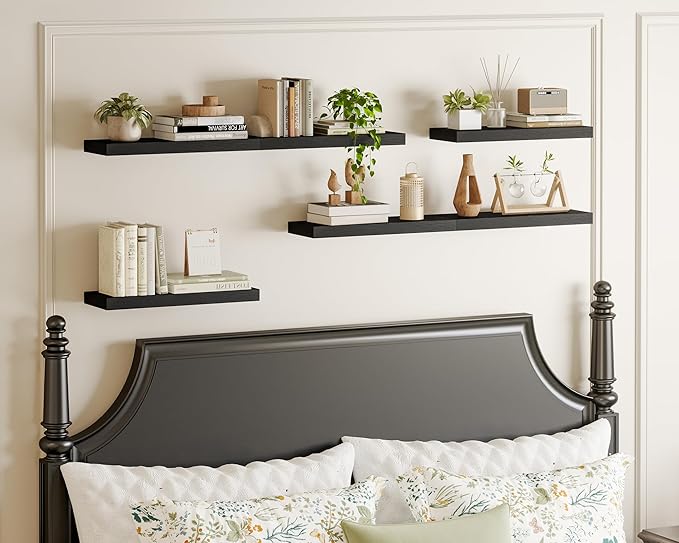 Fixwal Black Shelves, 15.8in Floating Shelves, Farmhouse Shelf Wall Decor for Bathroom, Bedroom, Living and Kitchen Set of 6